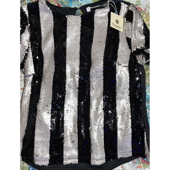 New-black white sequins beads evening formal cocktail blouse Top SM - Picture 6 of 7